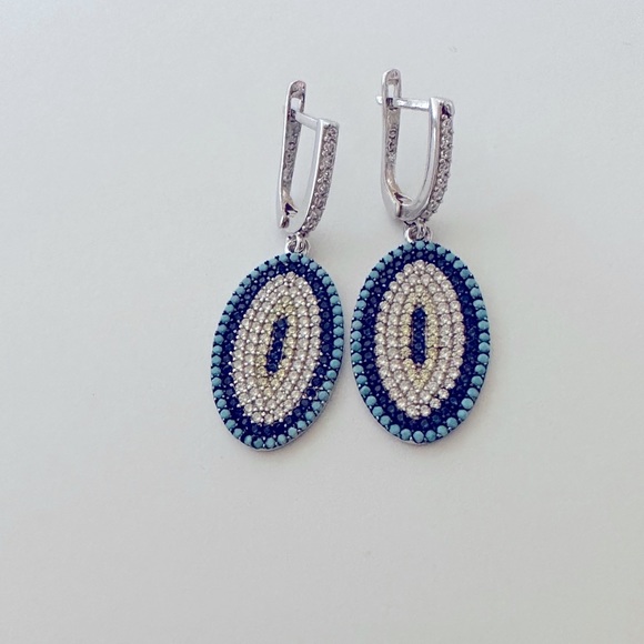 🧿925 Silver evileye set of earrings and ring turquoise and cz stones - Picture 4 of 9